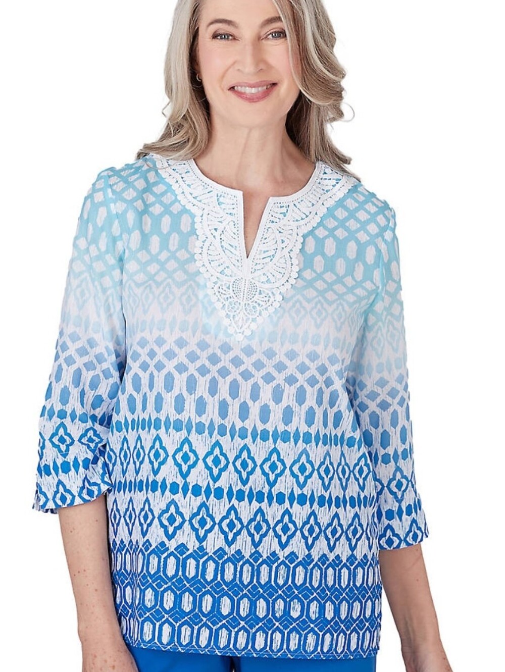 Ruby Rd. Blue Ombre Geometric Crochet Lace-Trim Top Size Petite Medium